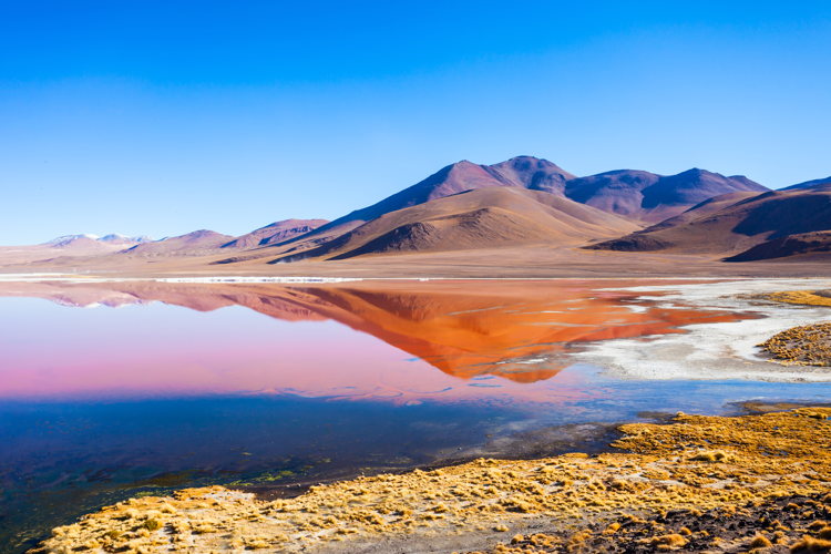 Lagune bordée de montagnes colorées dans la réserve Eduardo Avaroa Lagune bordée de montagnes colorées dans la réserve Eduardo Avaroa