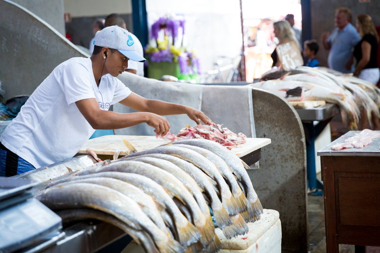 Poissonnier préparant sa marchandise au marché Ver-o-Peso de Belém
