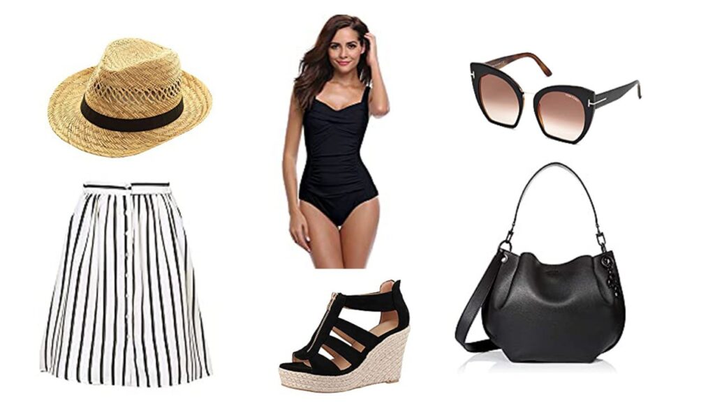 Maillot de bain une pièce noir, Lunette de soleil Tom Ford, Jupe à rayure, Sac à main Guess, Chapeau paille, Chaussures compensées Maillot de bain une pièce noir, Lunette de soleil Tom Ford, Jupe à rayure, Sac à main Guess, Chapeau paille, Chaussures compensées