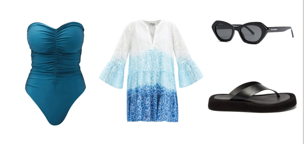 Maillot de bain / Jade Swim - Robe de plage / Juliet Dunn - Lunette de soleil / The Kooples - Sandales / The Row