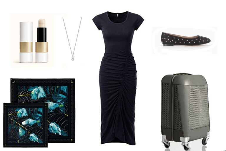 tenue classe affaires femme robe midi noire avec pashmina et ballerines