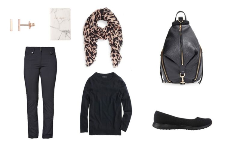 tenue classe affaires femme total noir : pantalon palazzo, pull cachemire, mocassins