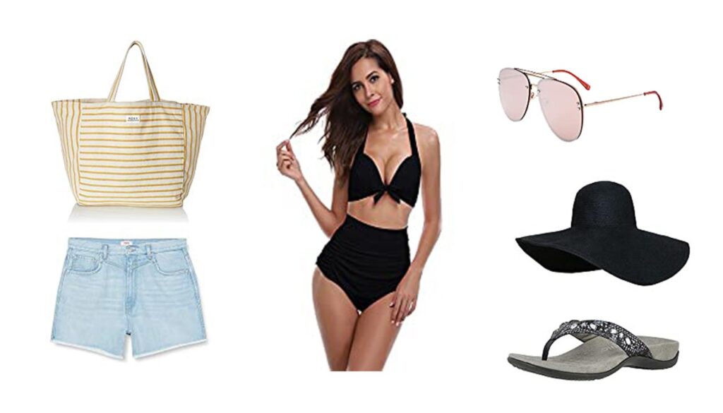 short en jean Pépé Jeans, Maillot de bain, Sac cabas Roxy, lunette de soleil, Tong, Capeline short en jean Pépé Jeans, Maillot de bain, Sac cabas Roxy, lunette de soleil, Tong, Capeline