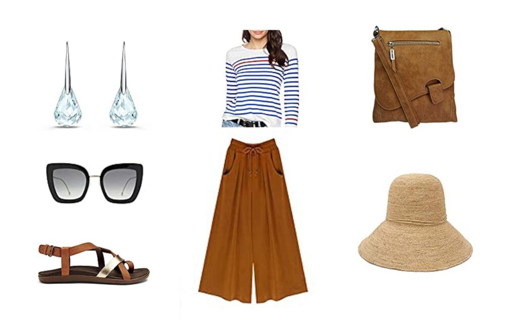 Jupe culotte, Nu pied, tee-shirt marin Armir Lux, Sac à bandoulières, Boucle d'oreilles, lunette de soleil Fendi, Chapeau paille Jupe culotte, Nu pied, tee-shirt marin Armir Lux, Sac à bandoulières, Boucle d'oreilles, lunette de soleil Fendi, Chapeau paille
