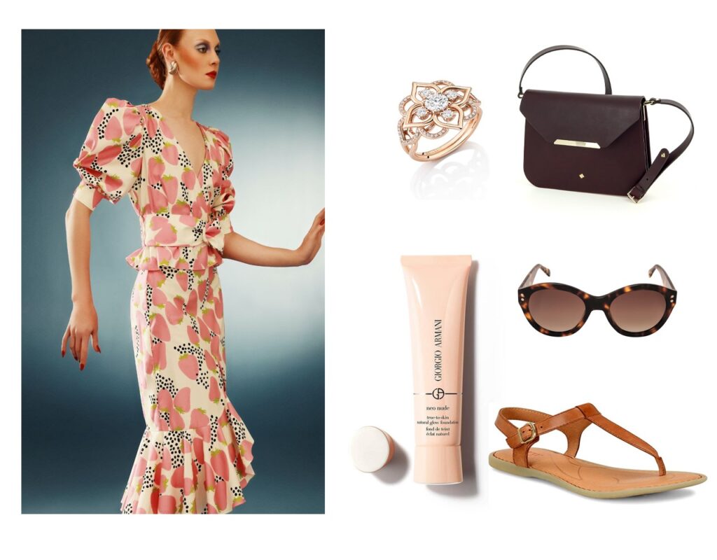 Robe Adrianna Degreas | Bague alliance Mellerio | Lunette de soleil Krys | Nu-pied | fond de teint Néo Nude d’Armani | Sac cuir Darling Robins d'Herbert Frère & Soeur