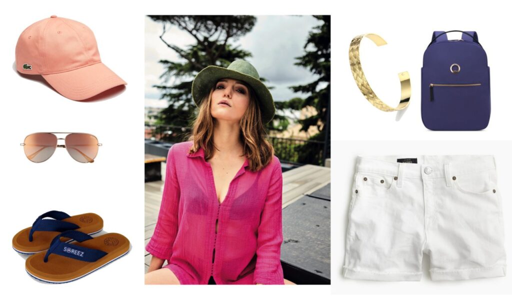 Tee-shirt Ambas Italia | Casquette Lacoste | Lunette de soleil Quay Australia | Tongue So Reez | Sac à dos Delsey | Short blanc J. Crew | Jonc Akeo NATTI