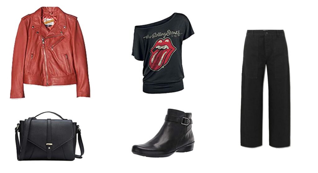 Veste en cuir Schott, sac, pantalon the Row, Tee shirt, boots, Veste en cuir Schott, sac, pantalon the Row, Tee shirt, boots,