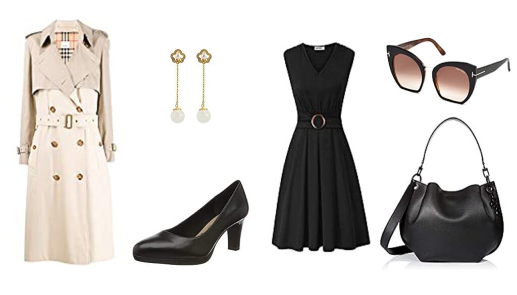 Robe noire, Lunette de soleil Tom Ford, Sac à main Guess, Boucle d'oreille perles, escarpin Tamaris, Trench Robe noire, Lunette de soleil Tom Ford, Sac à main Guess, Boucle d'oreille perles, escarpin Tamaris, Trench