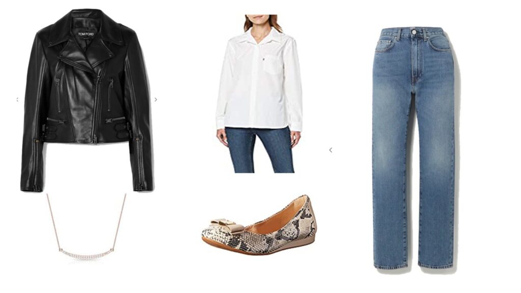 Veste en cuir Tom Ford, chemise blanche Levis, Jean Totem, Ballerine, Collier Rosec Jewels, Veste en cuir Tom Ford, chemise blanche Levis, Jean Totem, Ballerine, Collier Rosec Jewels,
