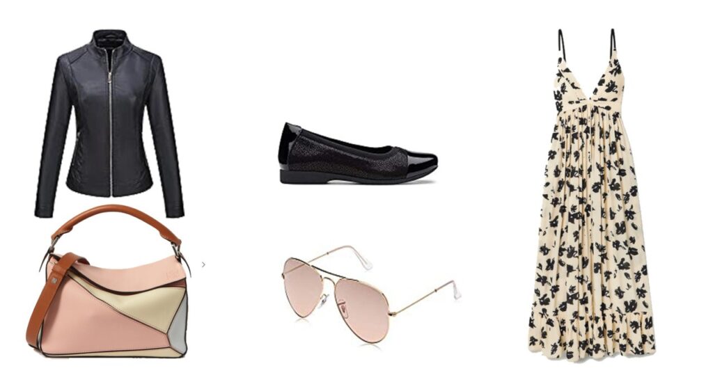 Veste en cuir, sac Loewe, lunette de soleil Rayban, ballerine Clarks, robe Proenza Schouler Veste en cuir, sac Loewe, lunette de soleil Rayban, ballerine Clarks, robe Proenza Schouler