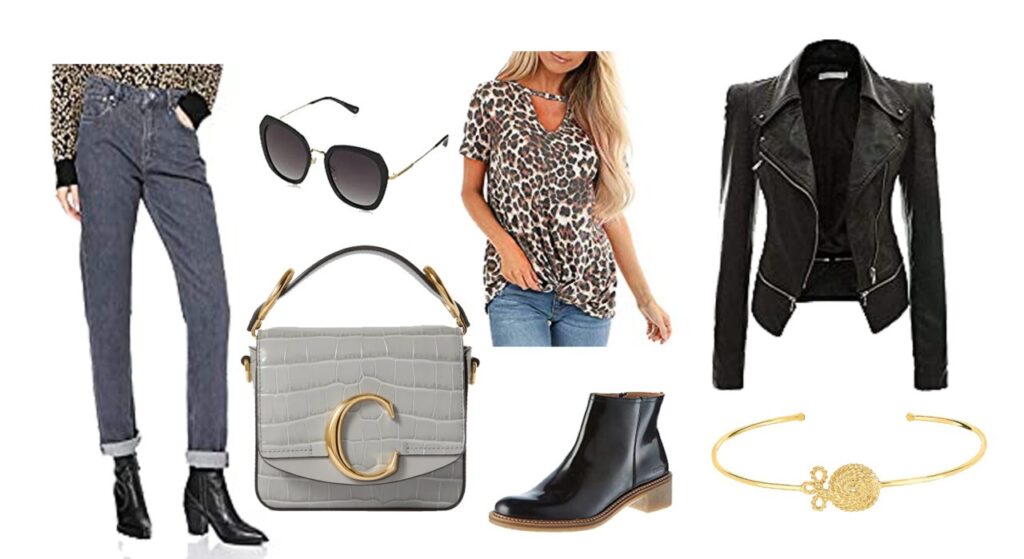 Pepe Jean, sac Chloé, lunette Rayban, boots Kickers, bracelet Maty, veste en cuir, et Blouse léopard Pepe Jean, sac Chloé, lunette Rayban, boots Kickers, bracelet Maty, veste en cuir, et Blouse léopard