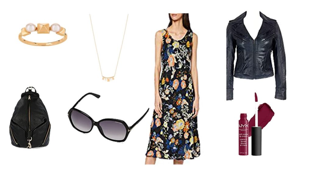 Veste en cuir, Robe fleurie, Sac Rebecca Minkoff, rouge à lèvres, Lunette de soleil Tom Ford, Boots, Collier Maty, Bague Maty Veste en cuir, Robe fleurie, Sac Rebecca Minkoff, rouge à lèvres, Lunette de soleil Tom Ford, Boots, Collier Maty, Bague Maty