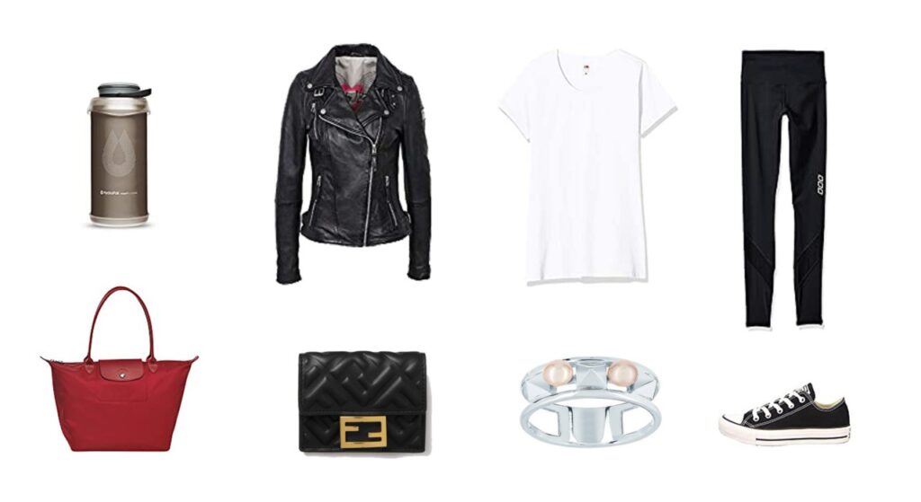Veste en cuir, Legging Jane Lorna, Converse, Tee shirt Fruit of the Loom, Sac Longchamp, Portefeuille Fendi, Bouteille Hydrapack, Bague Maty Veste en cuir, Legging Jane Lorna, Converse, Tee shirt Fruit of the Loom, Sac Longchamp, Portefeuille Fendi, Bouteille Hydrapack, Bague Maty