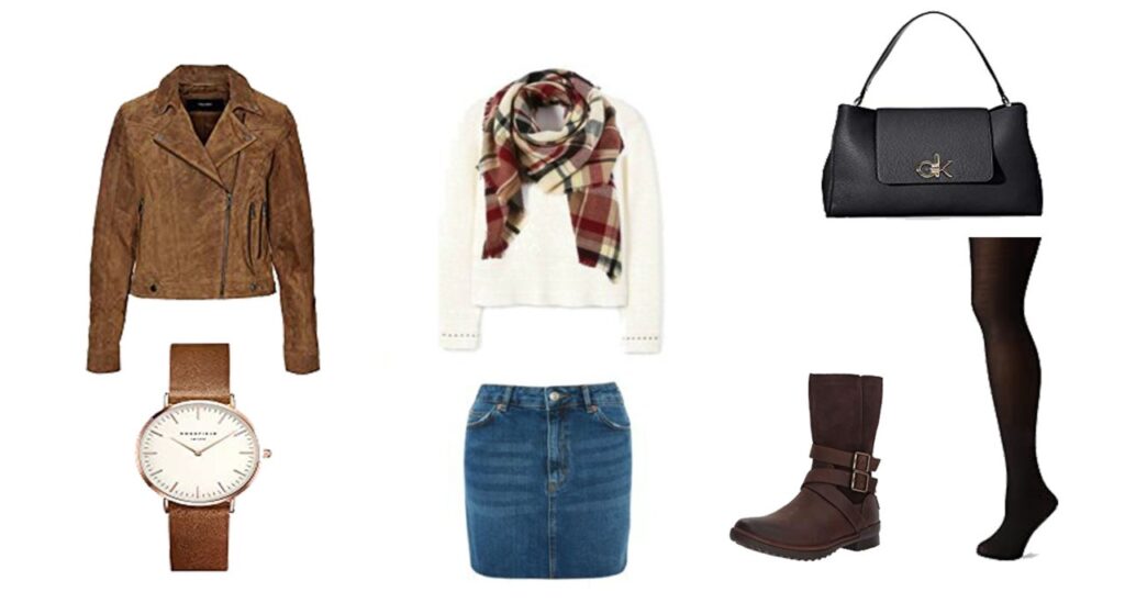 Veste en cuir Vero Moda, Sweat Hugo Boss, écharpe écossaise, collant dim, sac Calvin Klein, Montre Rosefield, boots UGC Veste en cuir Vero Moda, Sweat Hugo Boss, écharpe écossaise, collant dim, sac Calvin Klein, Montre Rosefield, boots UGC