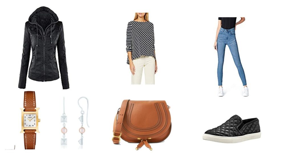 Veste en cuir, Tee shirt Petit Bateau, Jean taille haute Amazon, Sneaker Steve Madden, montre Hermès, Sac Chloé, Boucle d'oreilles Maty, Veste en cuir, Tee shirt Petit Bateau, Jean taille haute Amazon, Sneaker Steve Madden, montre Hermès, Sac Chloé, Boucle d'oreilles Maty,
