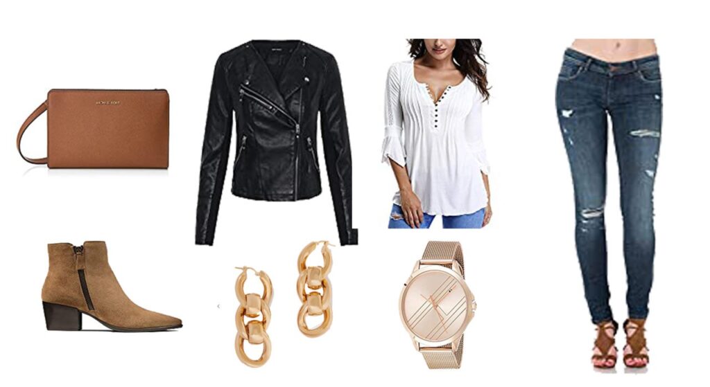 Veste en cuir Vero Moda, débardeur, jean Kaporal, Pochette Michael Kors, Boots Clarks, Boucles d'oreilles dorées Bottega Veneta, montre tommy Hilfiger Veste en cuir Vero Moda, débardeur, jean Kaporal, Pochette Michael Kors, Boots Clarks, Boucles d'oreilles dorées Bottega Veneta, montre tommy Hilfiger