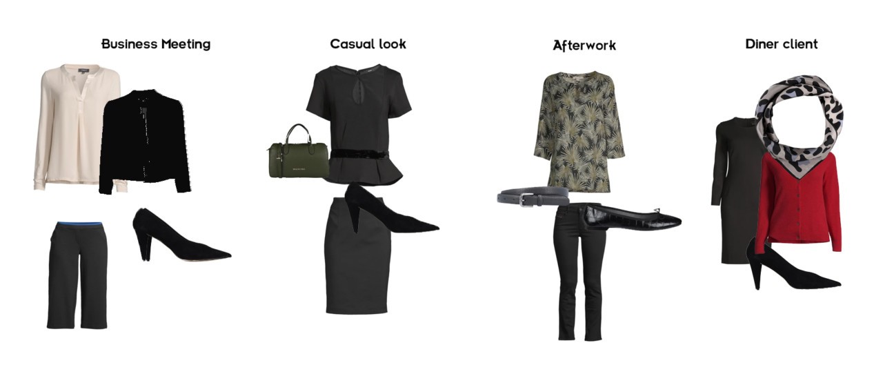 packing list voyage d'affaires femme 10 pièces interchangeables disposées à plat