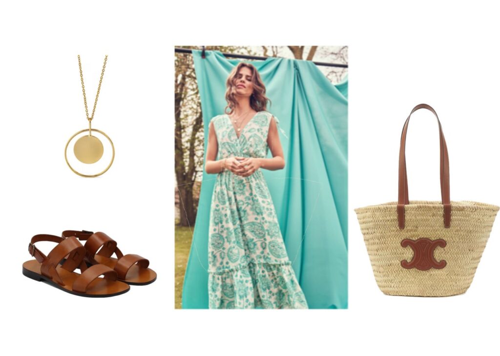 Sautoir Parfois 12,99€, robe LOLALIZA 49.99€, sac Céline 450 €, sandales cuir naturel Jules et Jenn 100 €