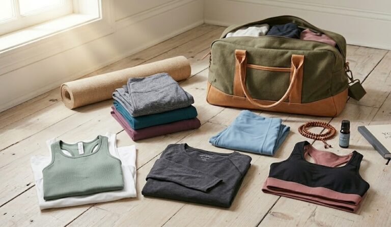 vêtements yoga en matières naturelles pliés pour valise retraite