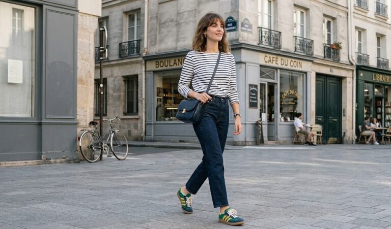 Look 1 : Marinière + jean brut + basket tendance