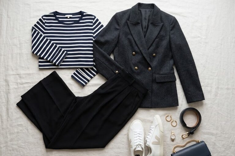 Look 2 : Marinière + blazer sombre + pantalon fluide