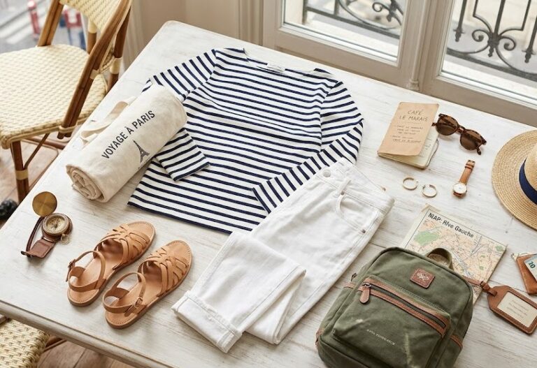 Look 3 : Marinière + jean blanc en voyage + sandales