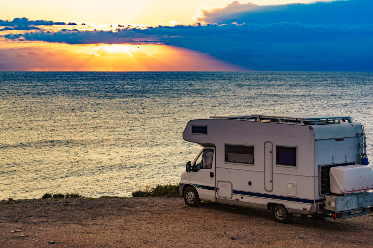 caravan on nature in the morning at sunrise