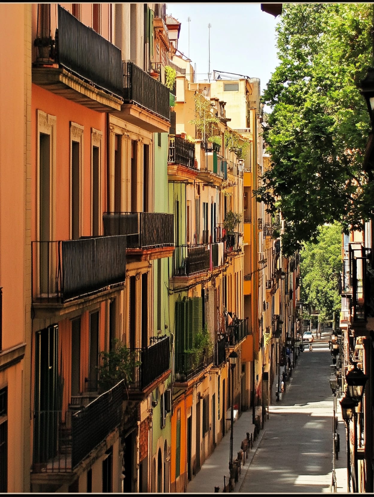 Rue étroite de Barcelone bordée de façades colorées et d'arbres