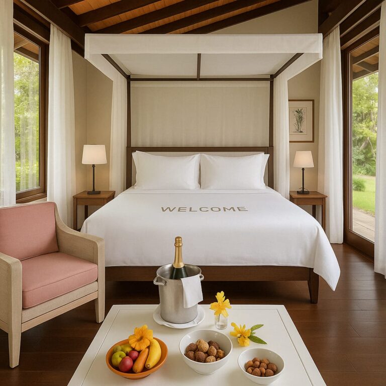 chambre villa Four Seasons Seychelles — lit king-size et vue océan
