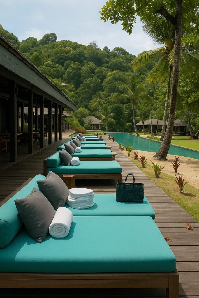 transats en bord de plage — Four Seasons Resort Seychelles