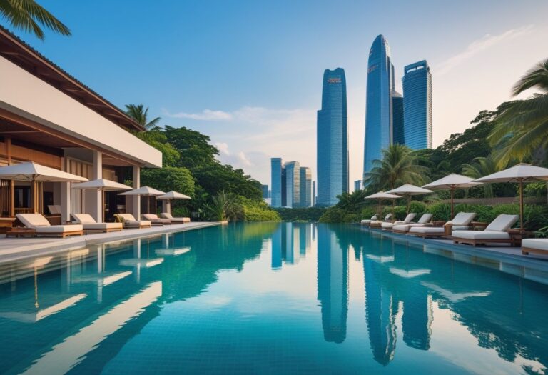 Vue du complexe luxueux d'Aman Singapore avec piscines, végétation tropicale et gratte-ciel en arrière-plan.