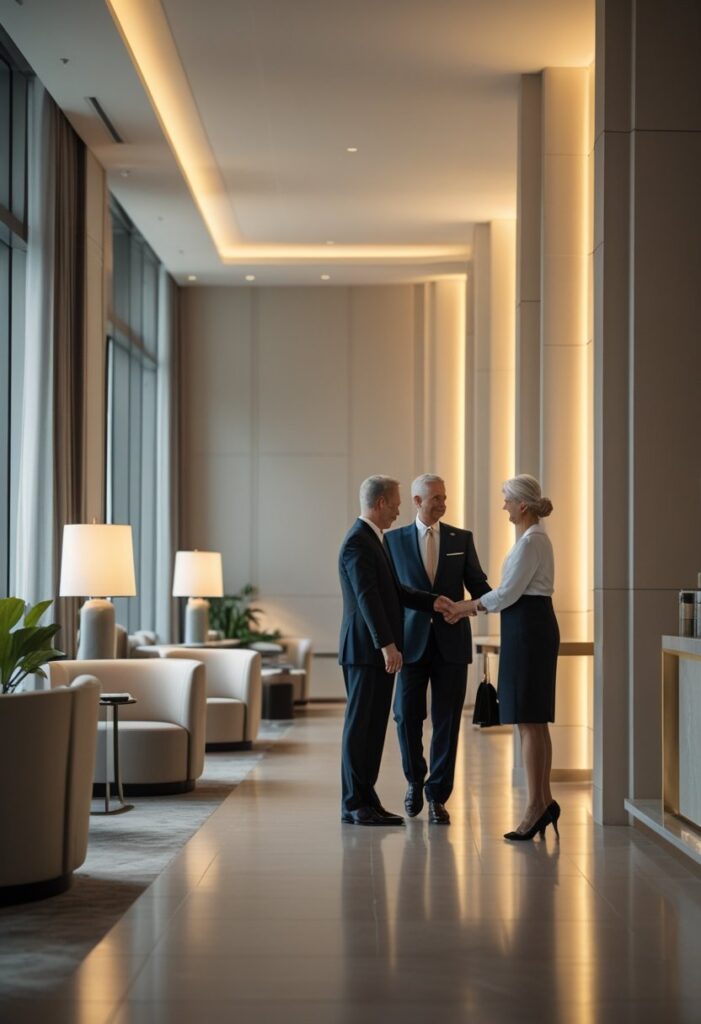 Un salon élégant et calme d'un hôtel de luxe réservé aux adultes avec un personnel attentif aidant des clients dans une ambiance lumineuse et sereine.