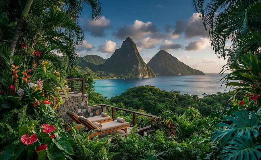 Vue sur les Pitons depuis l'hôtel Jade Mountain à Sainte-Lucie