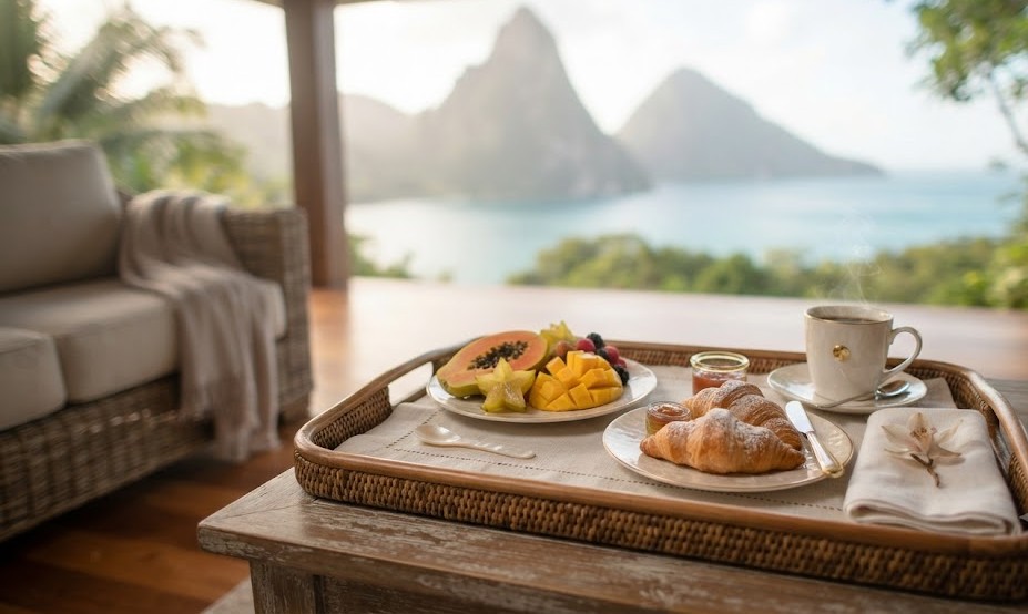 Petit-déjeuner servi dans un sanctuaire du resort Jade Mountain
