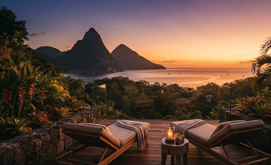 Coucher de soleil sur la mer des Caraïbes depuis Jade Mountain Sainte-Lucie