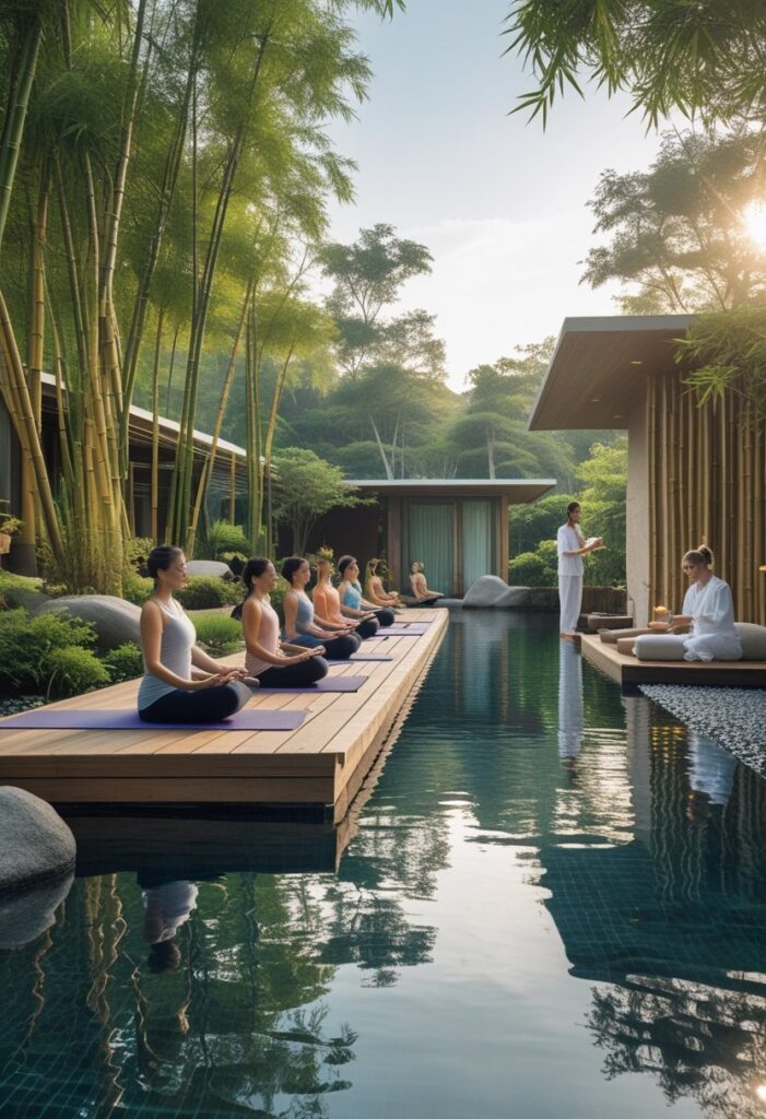 Un espace de bien-être en plein air avec des personnes pratiquant le yoga et la méditation près d'une piscine entourée de végétation luxuriante.