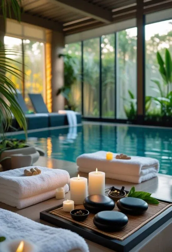 Un espace spa intérieur calme avec une piscine, des plantes vertes, des serviettes blanches et des bougies allumées.