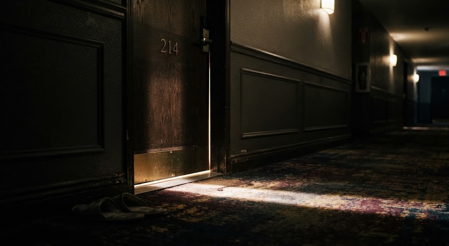 Rai de lumière filtrant sous une porte de chambre d'hôtel dans la pénombre,