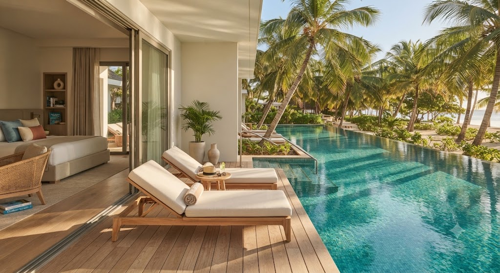 Suite swim out avec accès direct piscine, transats en bois clair, ombre portée des palmiers sur l'eau