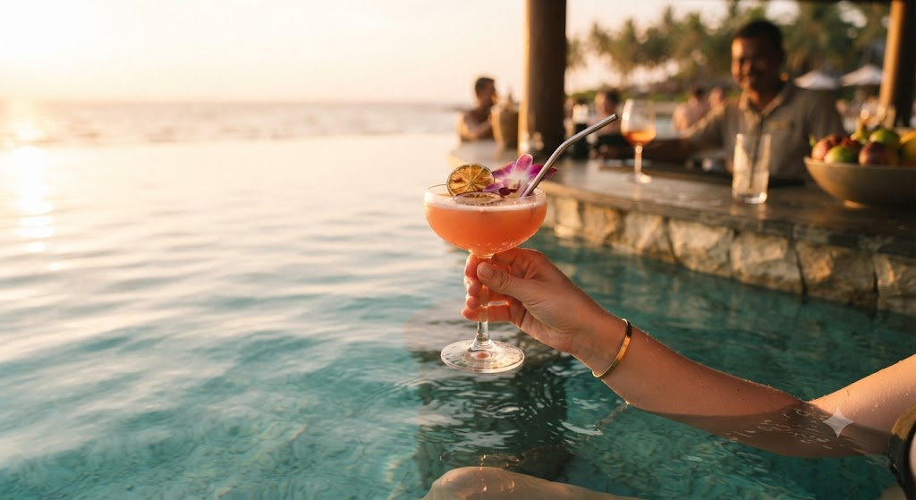 Cocktail servi au bar swim up face à la mer, main de femme, golden hour