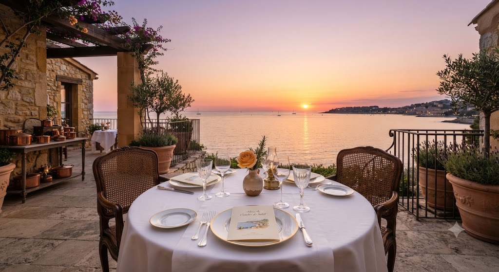 Table dressée du restaurant français vue mer au coucher du soleil, sans personnes