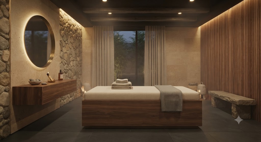 Cabine de spa lumière tamisée, matières naturelles, pierre et bois, ambiance minimaliste