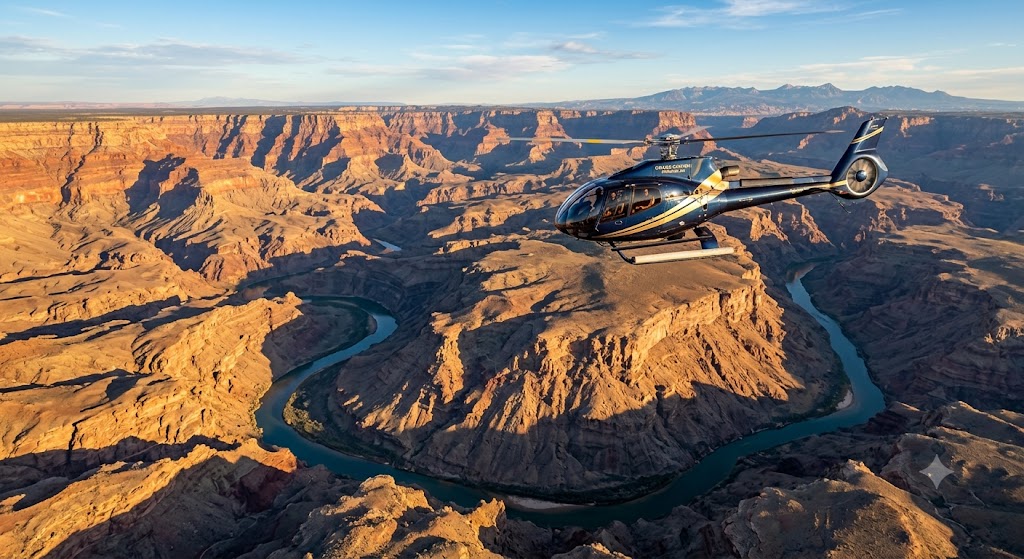 Survol en hélicoptère au-dessus du Grand Canyon, méandres du fleuve Colorado vus du ciel, ombres longues sur les formations rocheuses, ambiance aventure premium, cadrage aérien large.