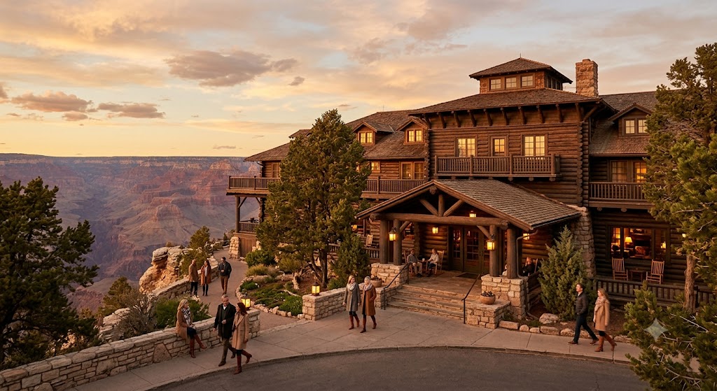Lodge historique El Tovar au bord du canyon, façade en bois et pierre, atmosphère intime et feutrée, fin de journée, registre luxe discret pour la conversion.