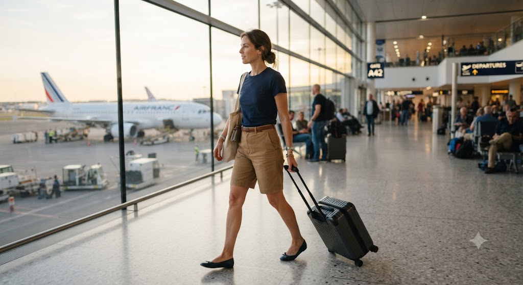Bermuda femme en voyage, tenue confortable pour l'avion