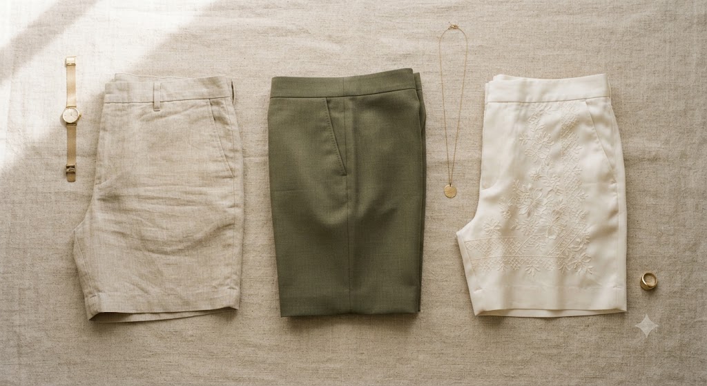 Matières de bermuda femme, lin, laine froide et soie en flat lay