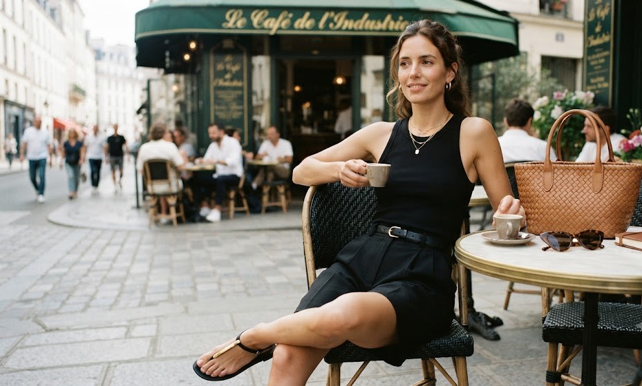 Total look noir en été avec bermuda tailleur et débardeur