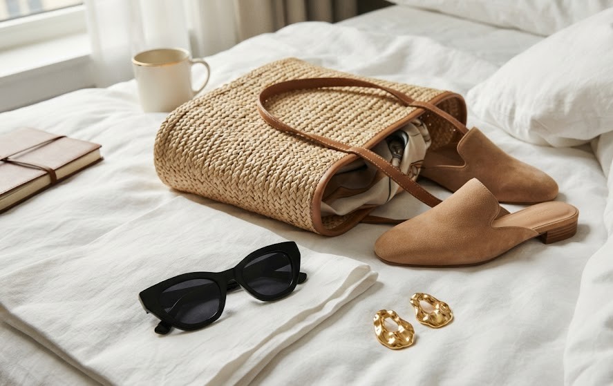 Accessoires suède biscuit et raphia pour alléger un look noir été