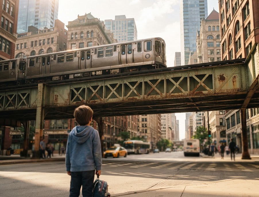 rame EL sur pont en fonte, enfant au premier plan