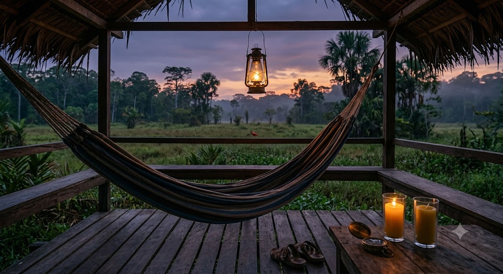 Hamac suspendu sous un carbet en bois ouvert sur la forêt amazonienne guyanaise, lampe tempête allumée à la tombée du jour, bougies citronnées, présence humaine suggérée, mood slow travel.